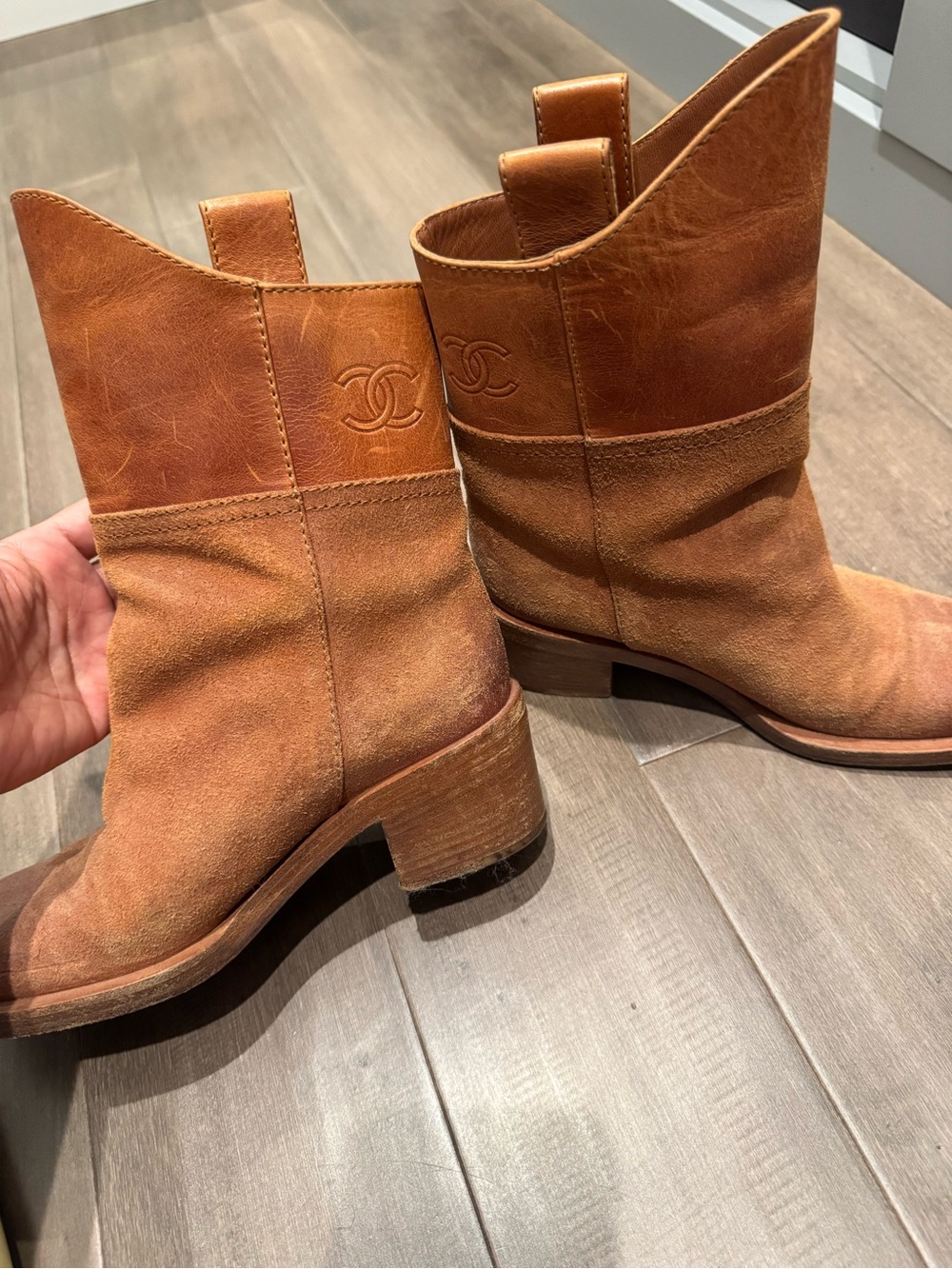 CHANEL Tan Leather Suede Mid Calf Heeled Boots